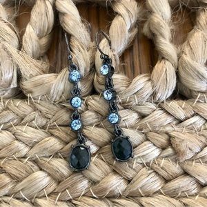 Black & Blue Crystal Drop Earrings | Long Dangle Gunmetal Statement Evening EUC